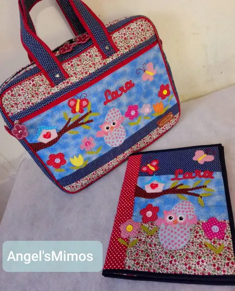 Kit bolsa +frasqueira coruja azul