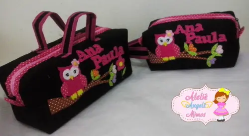 kit frasqueira G e M Corujinha pretoxpink
