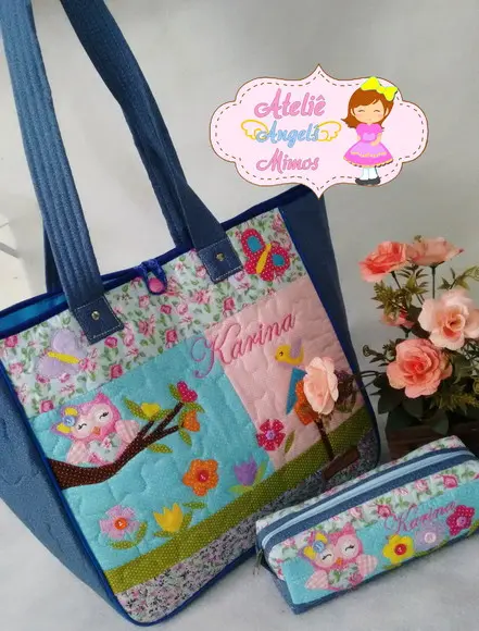 kit professor bolsa + estojo Corujinha Azul