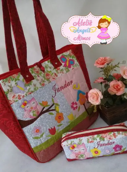 kit professor bolsa + estojo Corujinha vermelha