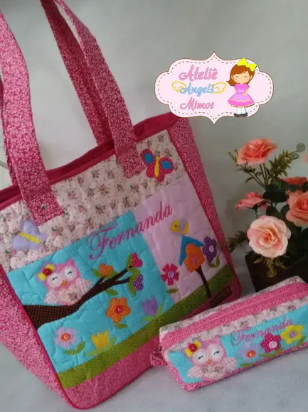 kit professor bolsa GG+ estojo Corujinha Rosa
