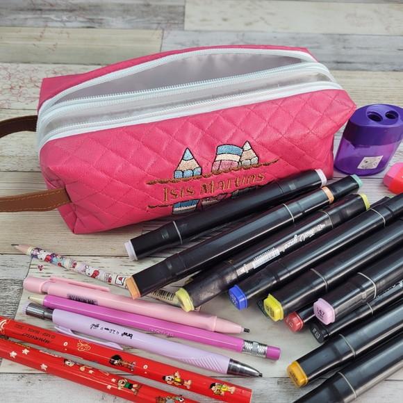 Estojo Escolar Duplo Personalizado em Courino - Nome Bordado