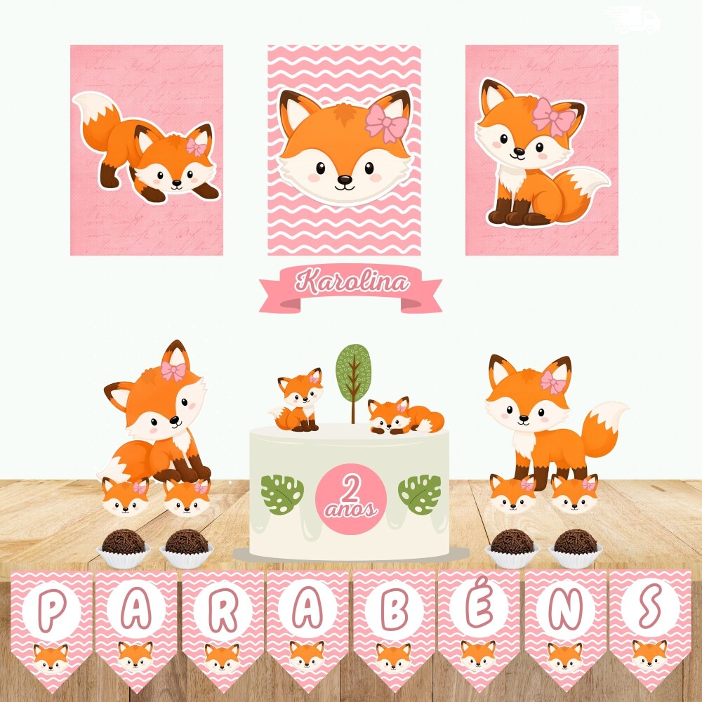 Kit festa Kit Só Um Bolinho Raposa rosa menina| Festa personaliz