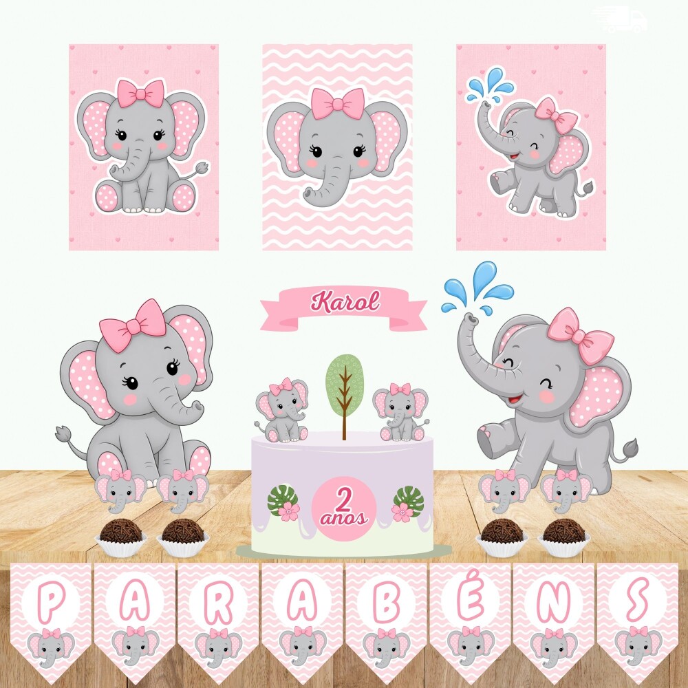 Kit Só Um Bolinho ELEFANTE ROSA ELEFANTINHA Topo de Bolo - Cópi