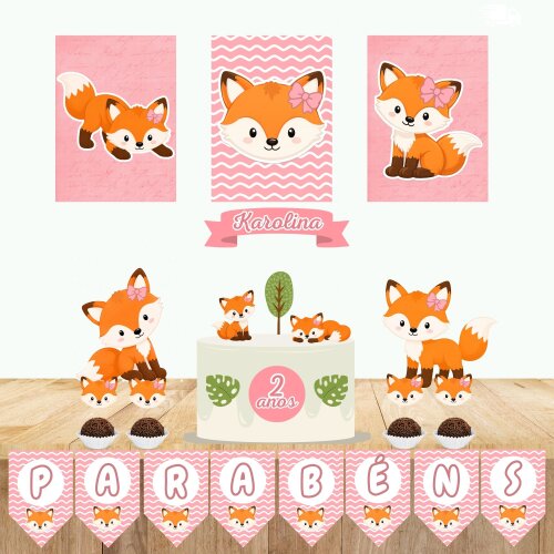 Kit festa Kit Só Um Bolinho Raposa rosa menina| Festa personalizada | Decoração de aniversário