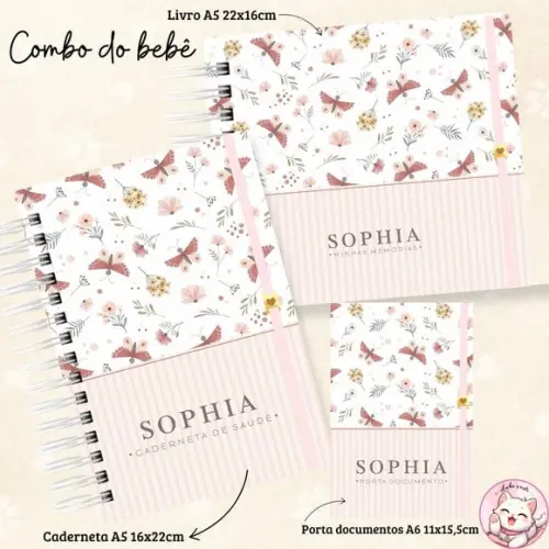 Kit Caderneta de Vacina, Livro do Bebê Floral Borboleta 01
