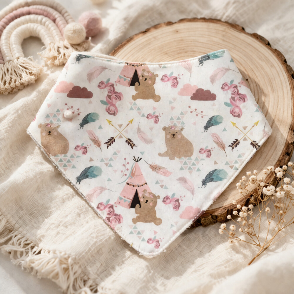 Babador Bandana Bebê Estampado Ursinho Floral Rosa - Estilo Boho