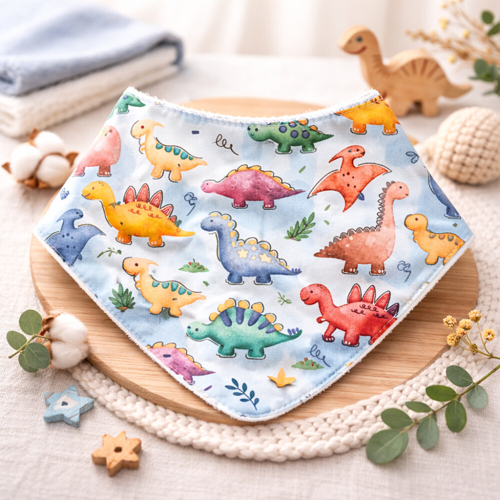 Babador Bandana Bebê Dinossauro 100% Algodão Dupla Face Absorve