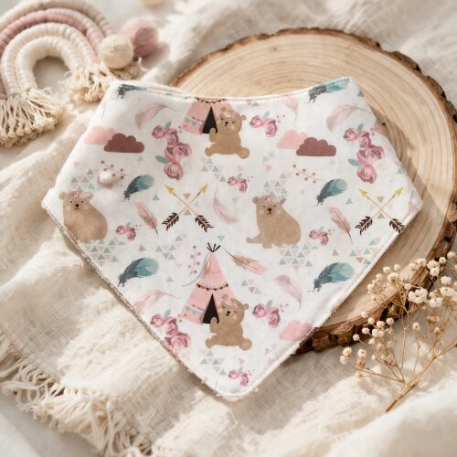 Babador Bandana Bebê Estampado Ursinho Floral Rosa - Estilo Boho