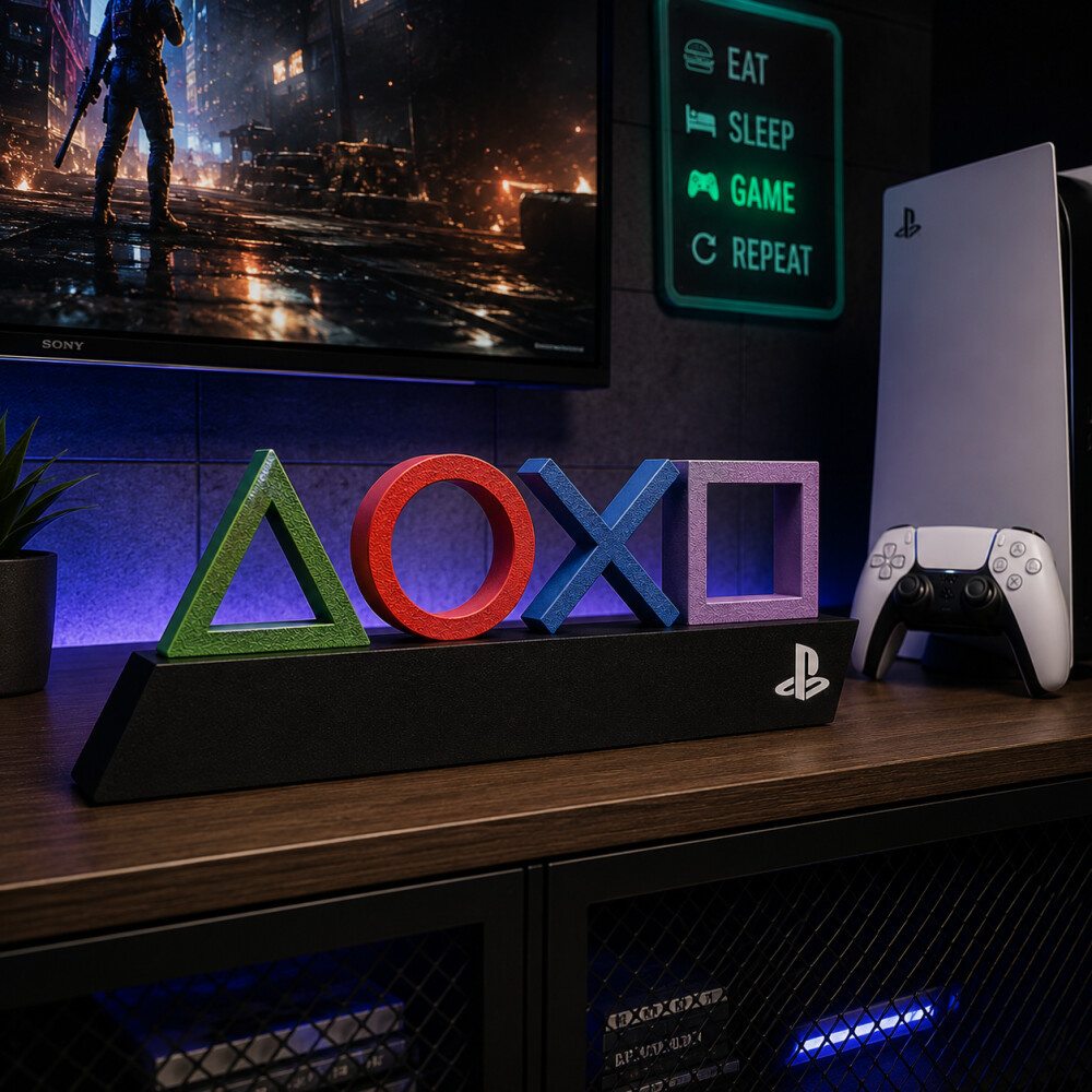 Decoração Gamer PlayStation com Símbolos | Letreiro Setup Geek
