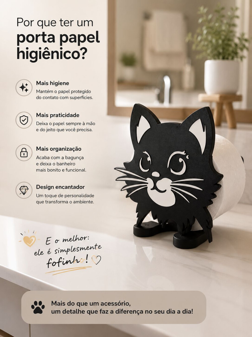 Suporte Porta Papel Higienico Gato Preto Luxo - Decoração de ba