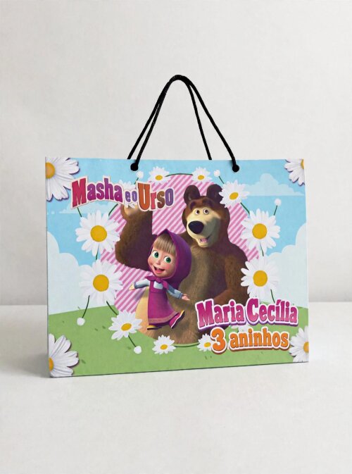 Sacolinha Personalizada Marsha e Urso | Lembrancinha Festa Infantil