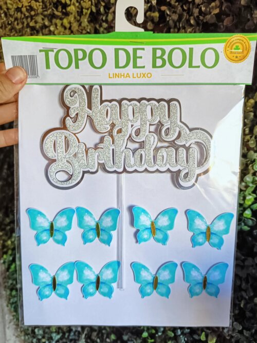 Topo Happy Birthday com Borboletas kit com 10 Topper