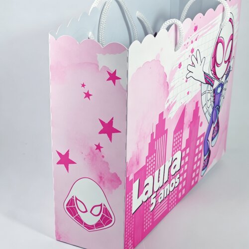 Sacolinha Surpresa G Personalizada para Festa Enrolados Gwen Spidey Mulher Aranha Ghost Spider para Lembrancinha de Aniversário 15,5x20x5,7cm - Cópia - Cópia