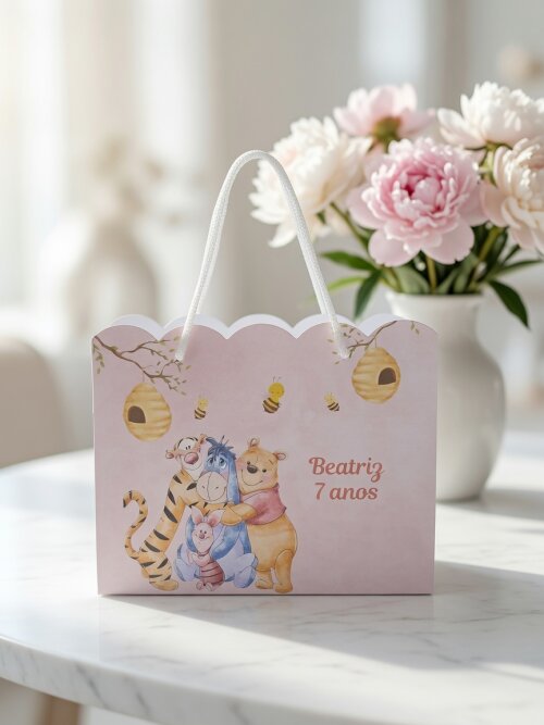 SACOLA PERSONALIZADA LEMBRANÇA ANIVERSÁRIO URSO POOH MENINA ROSA