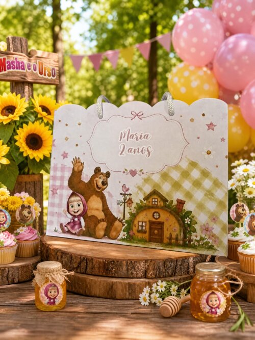 SACOLA PERSONALIZADA LEMBRANÇA ANIVERSÁRIO MASHA E URSO