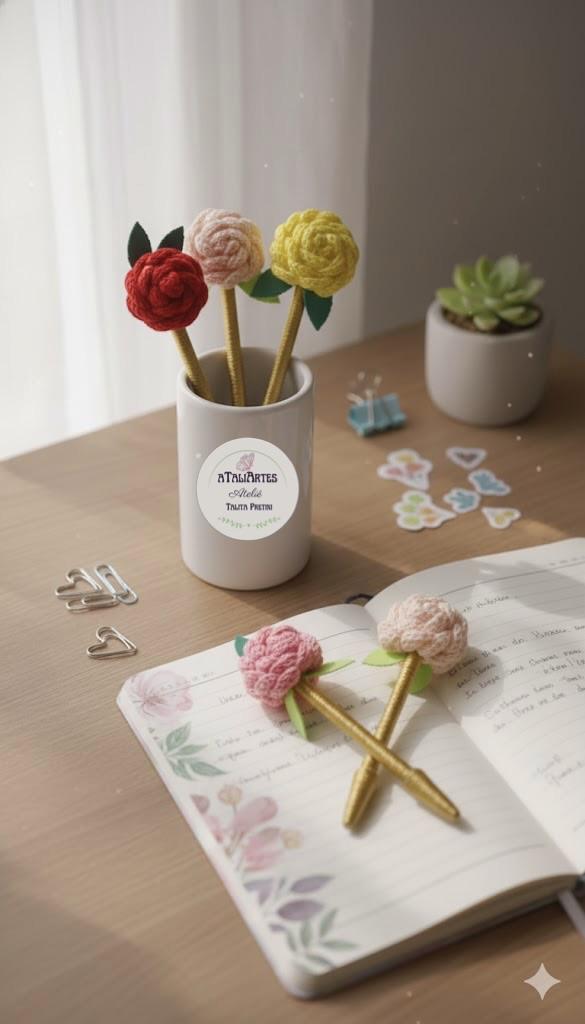 Caneta decorada personalizada em tricotin