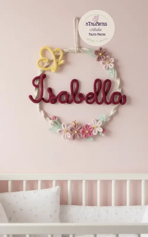 Porta maternidade Guirlanda margaridas macramê com tricotin pers