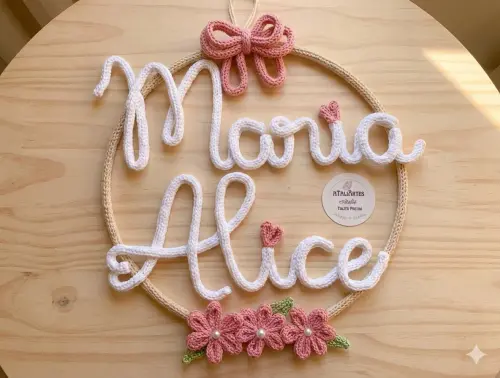 Porta maternidade Nome Composto Laço com flores modelo Mor perso