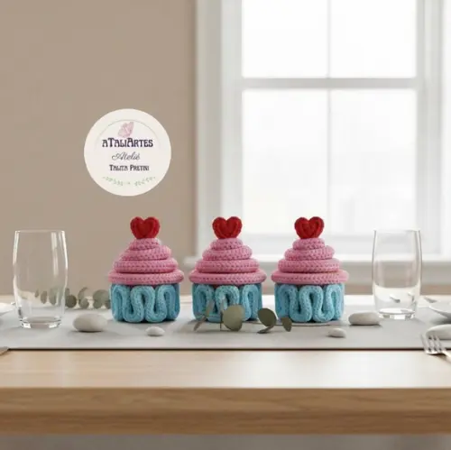 03 Unds Cupcake Miniatura Decorativo Personalizado Tricotin