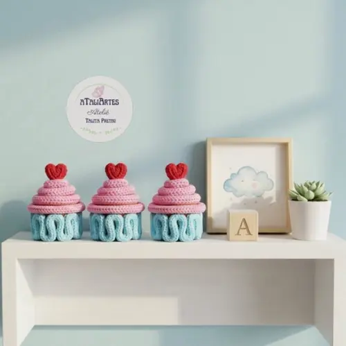 03 Unds Cupcake Miniatura Decorativo Personalizado Tricotin