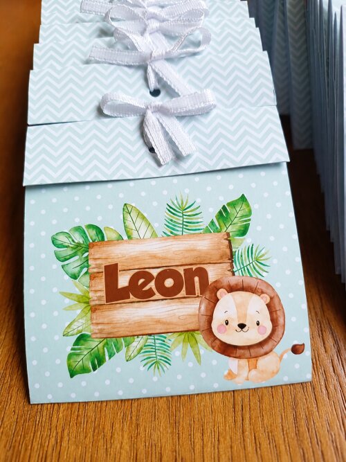 Sachê com sementes de girassol personalizado – Tema Leãozinho