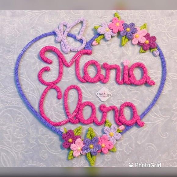 Guirlanda Coração Flores e Borboleta Nome Composto Tricotin