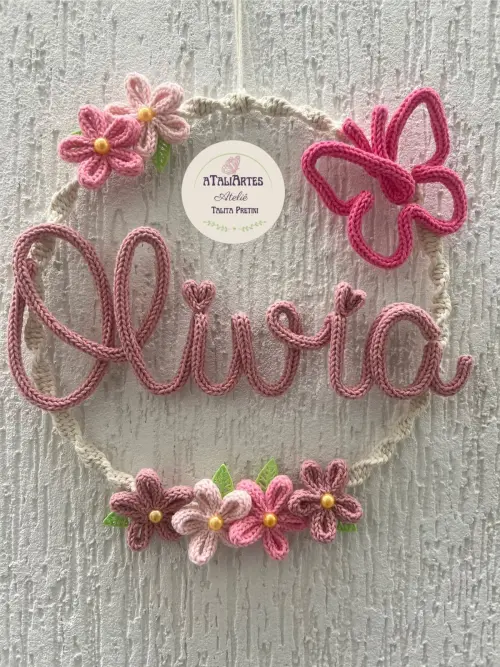 Enfeite de porta maternidade Menina em Alta Macramê com Tricotin