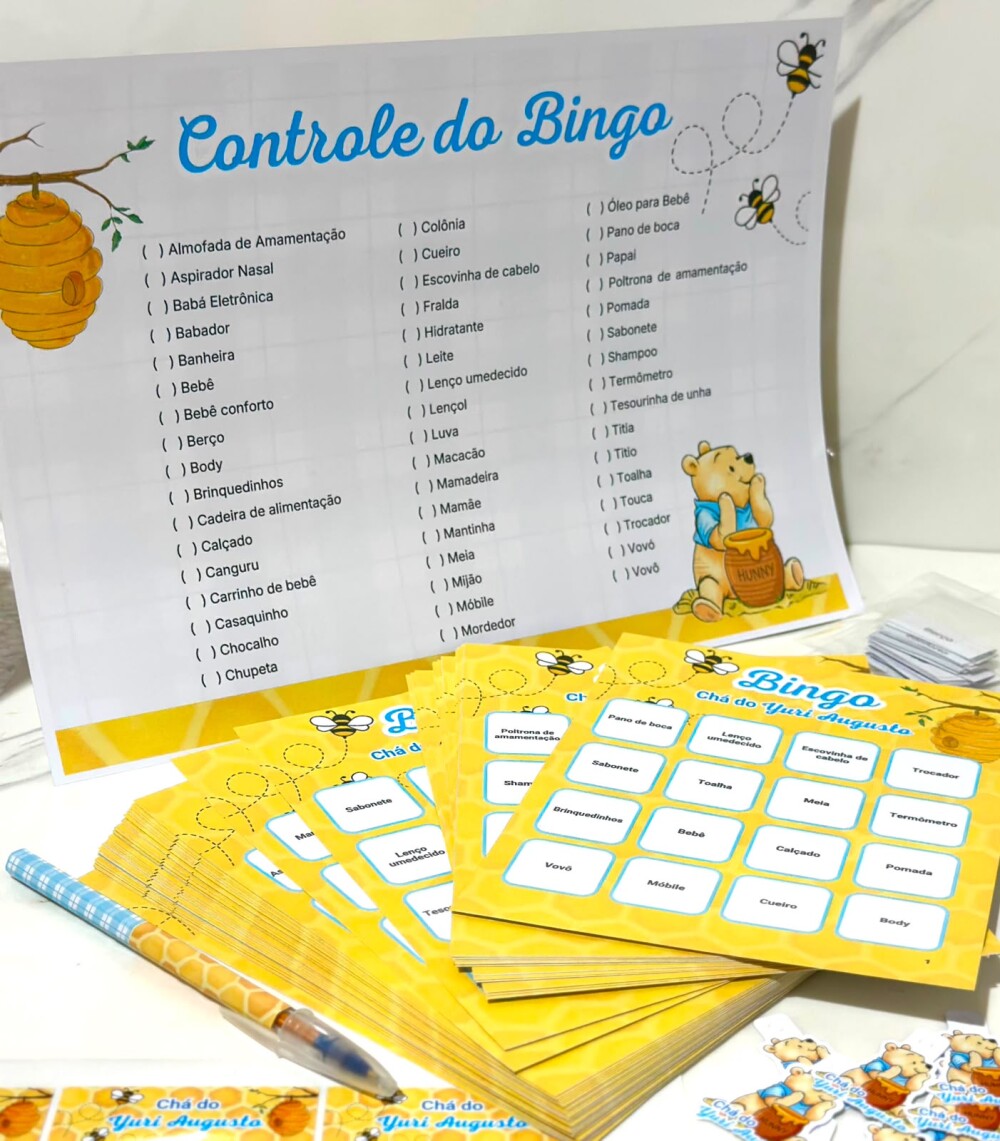 Kit Bingo Personalizado para Chá de Bebê - 50 cartelas + caneta