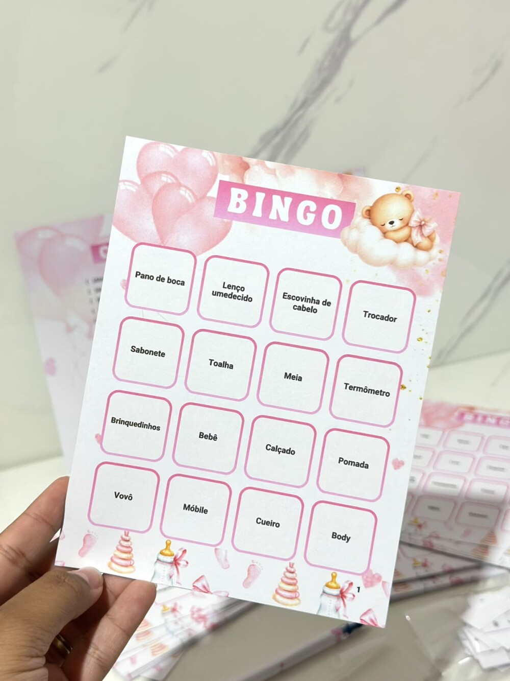 Kit Bingo Personalizado para Chá de Bebê - 50 cartelas + caneta