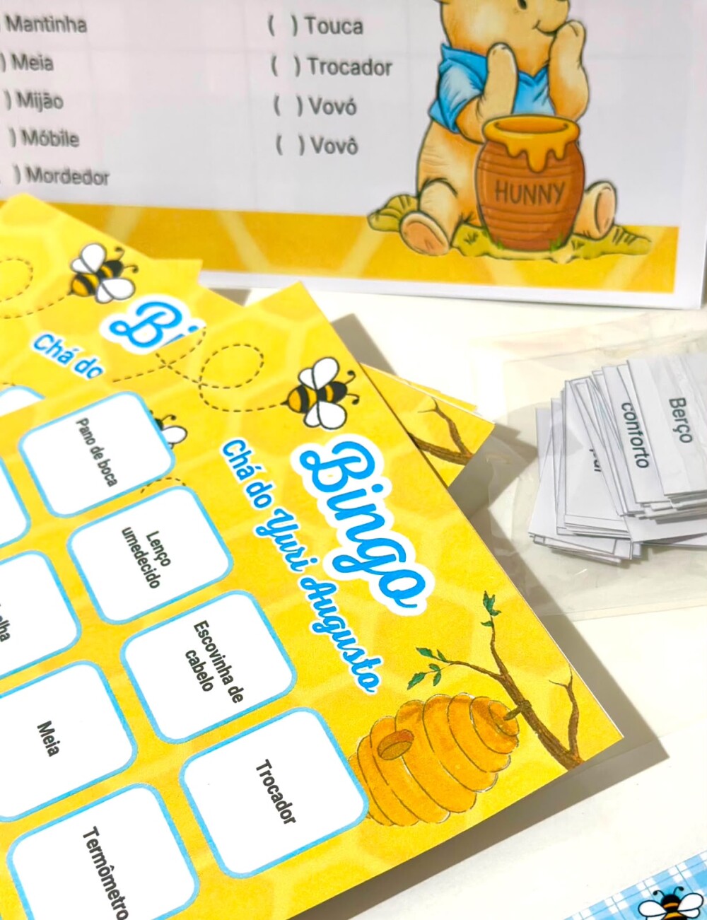 Kit Bingo Personalizado para Chá de Bebê - 50 cartelas + caneta