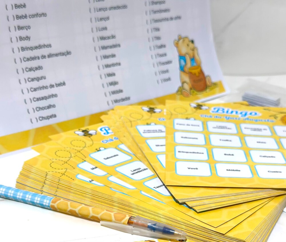 Kit Bingo Personalizado para Chá de Bebê - 50 cartelas + caneta