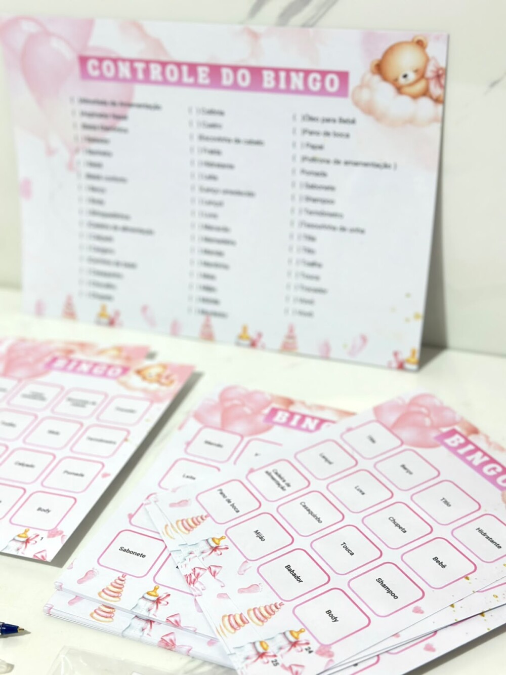 Kit Bingo Personalizado para Chá de Bebê - 50 cartelas + caneta