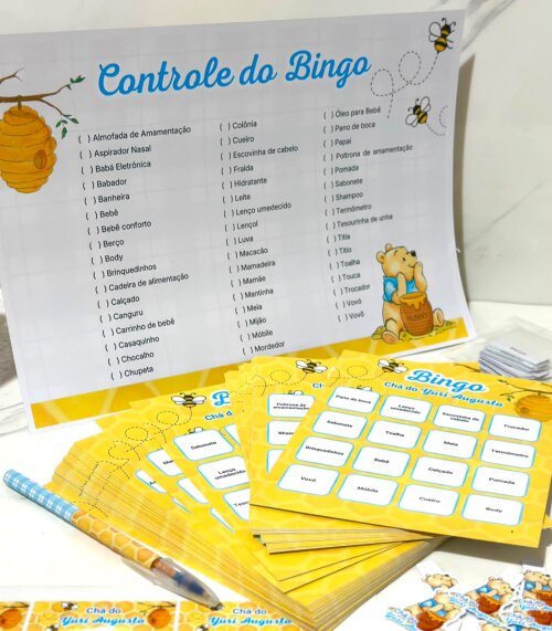 Kit Bingo Personalizado para Chá de Bebê - 50 cartelas + caneta personalizada no tema + controle de bingo + fichas para sortear