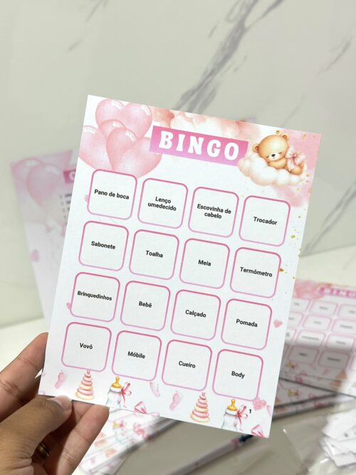 Kit Bingo Personalizado para Chá de Bebê - 50 cartelas + caneta