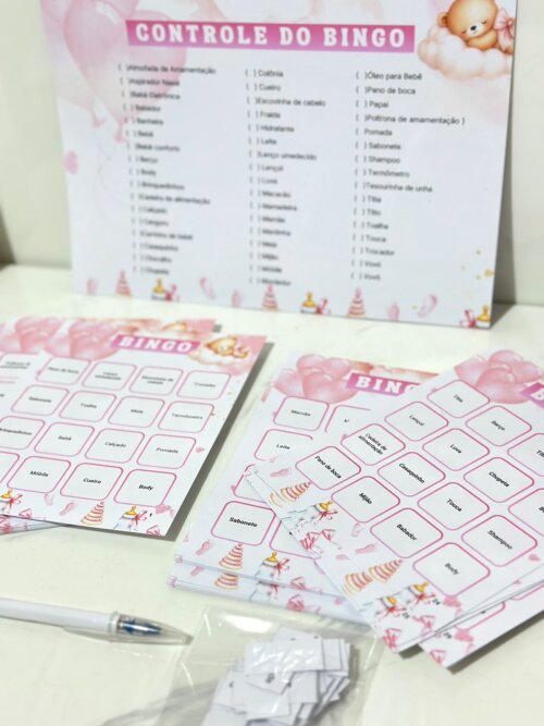 Kit Bingo Personalizado para Chá de Bebê - 50 cartelas + caneta