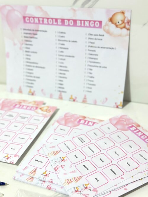 Kit Bingo Personalizado para Chá de Bebê - 50 cartelas + caneta