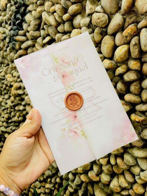 Convite - Modelo Arezzo com Lacre - Rosa Floral
