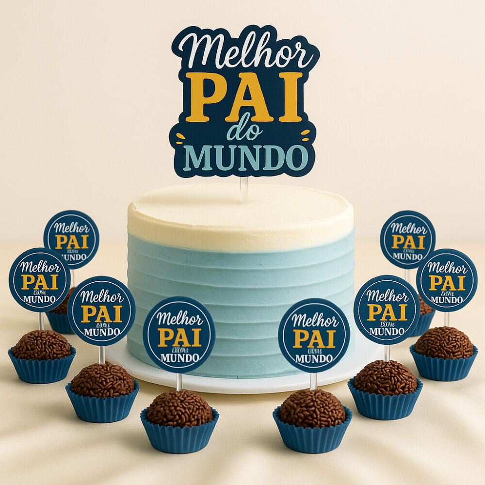 Kit Topo de Bolo + Toppers Dia dos Pais Melhor Pai do Mundo - Top