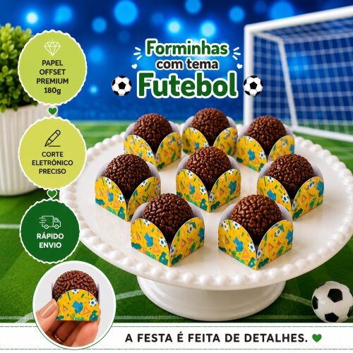 Forminhas para Doces Personalizadas no tema FUTEBOL com FUNDO AMARELO - Forminhas para Docinhos 4 Pétalas