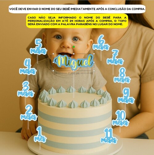 Kit Topo de Bolo Mesversário Menino – Nome Personalizado + Meses - Cor Azul c/ Dourado ou Azul c/ Prata