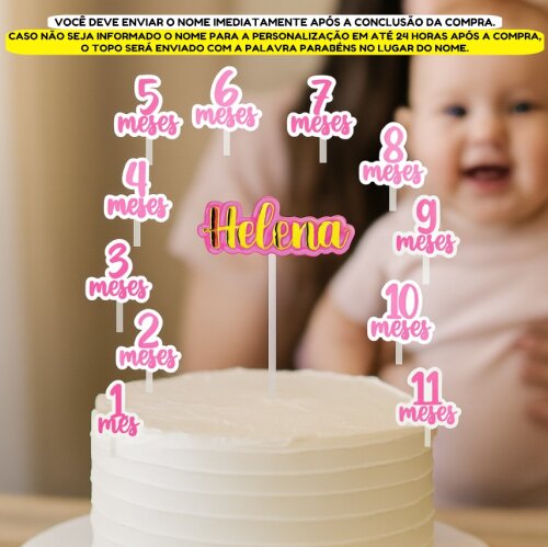 Kit Topo de Bolo Mesversário Menina – Nome Personalizado + Meses - Cor Rosa c/ Dourado ou Rosa c/ Prata