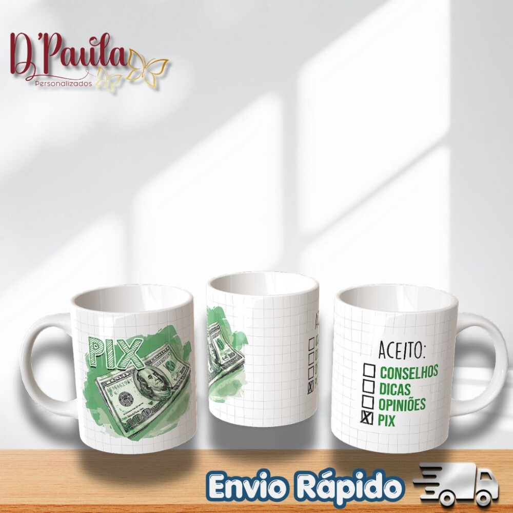 Caneca Divertida Aceito PIX 325ml Cerâmica Premium Presente Cria