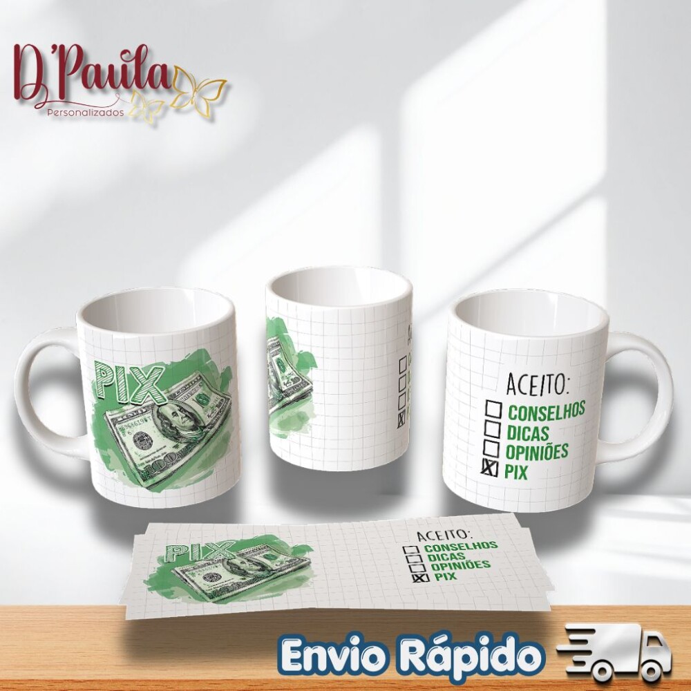 Caneca Divertida Aceito PIX 325ml Cerâmica Premium Presente Cria