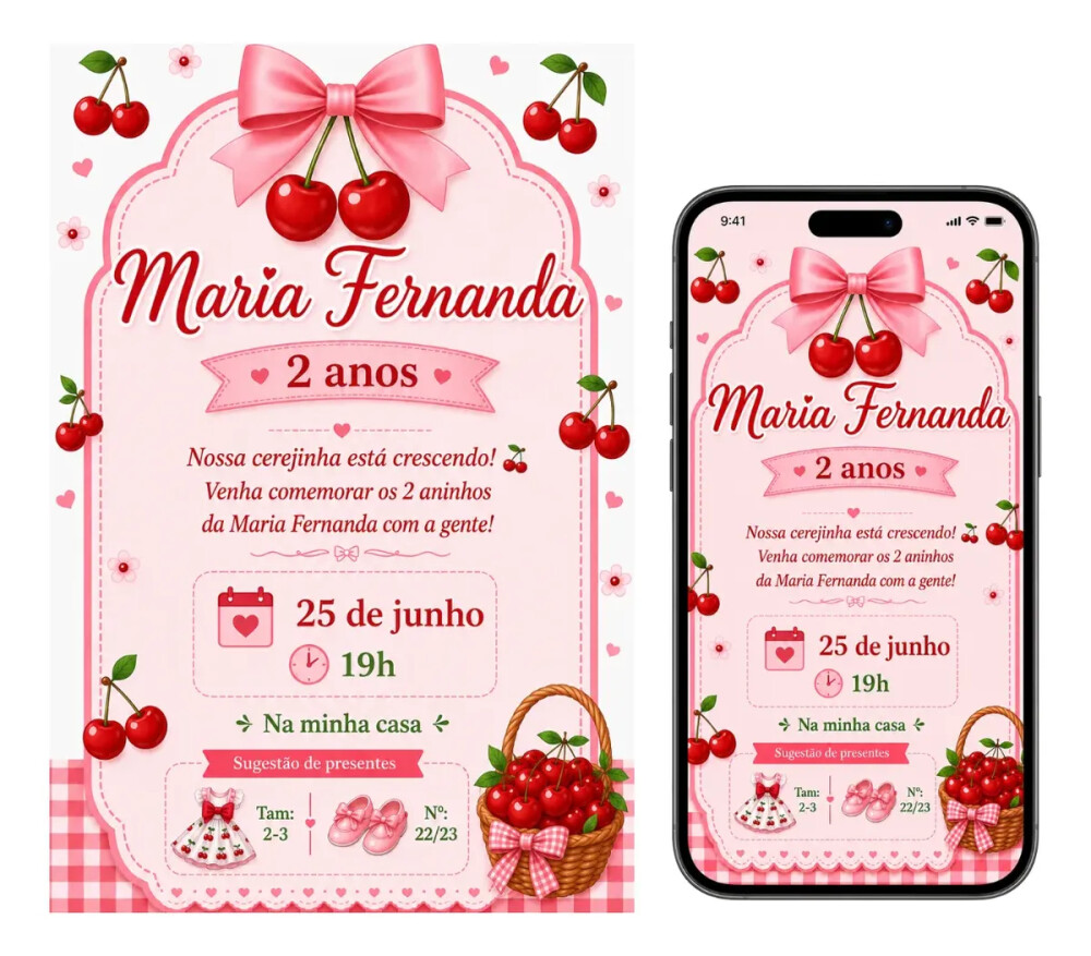 Convite Digital Cerejinha - Grátis Save The Date