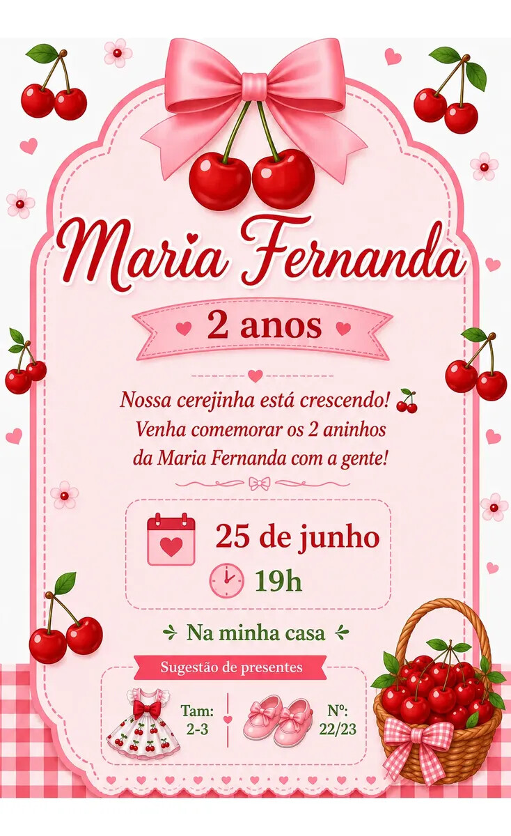 Convite Digital Cerejinha - Grátis Save The Date