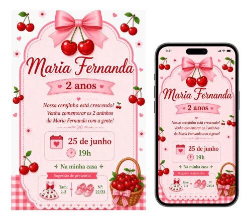 Convite Digital Cerejinha - Grátis Save The Date