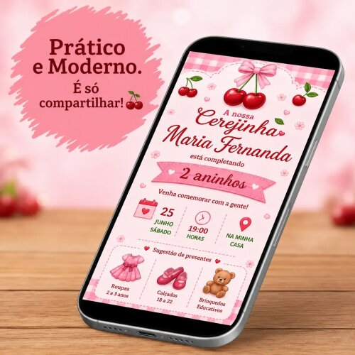 Convite Digital Cerejinha - Grátis Save The Date
