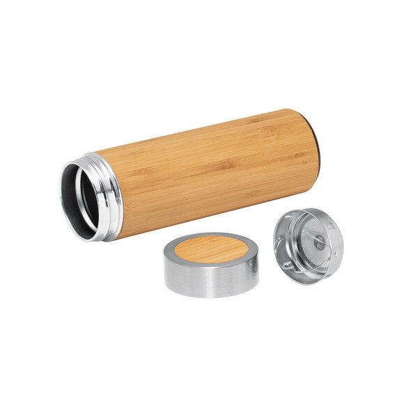 Garrafa Térmica Inox com Bambu -430 ml - 94683 - Personaliza