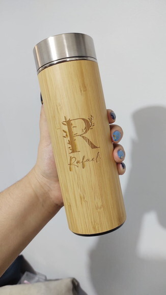 Garrafa Térmica Inox com Bambu -430 ml - 94683 - Personaliza